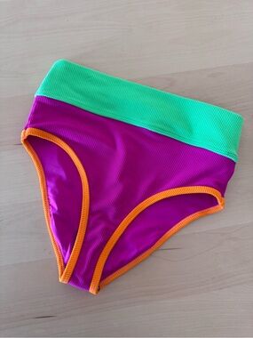 BeachRiot Colorblock High-Waist Bikini Bottoms - Fuchsia, Lime & Orange Trim